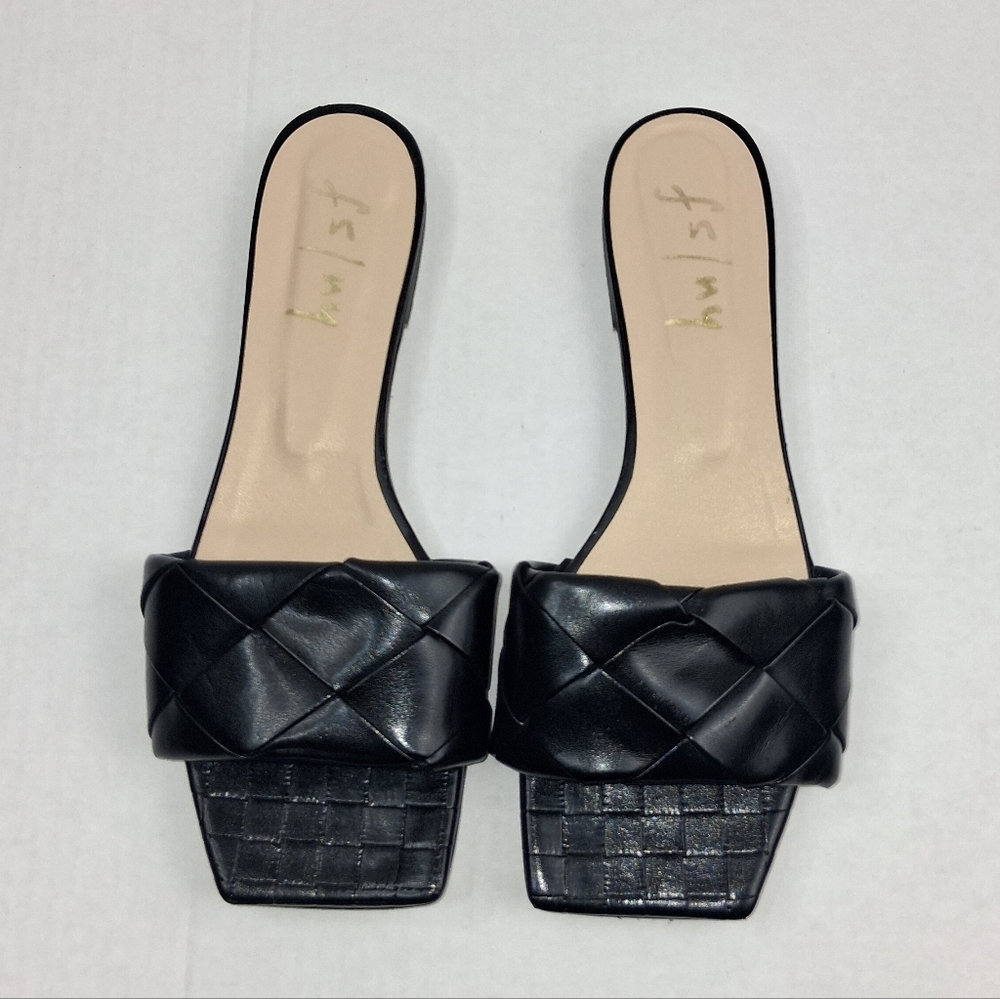 French Sole Jolene Woven Black Leather Square Open Toe Flat Sandals